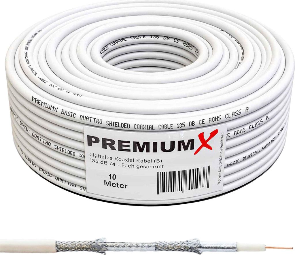 PremiumX 10m BASIC Koaxialkabel 135dB 4-fach CCS SAT Kabel Antennenkabel