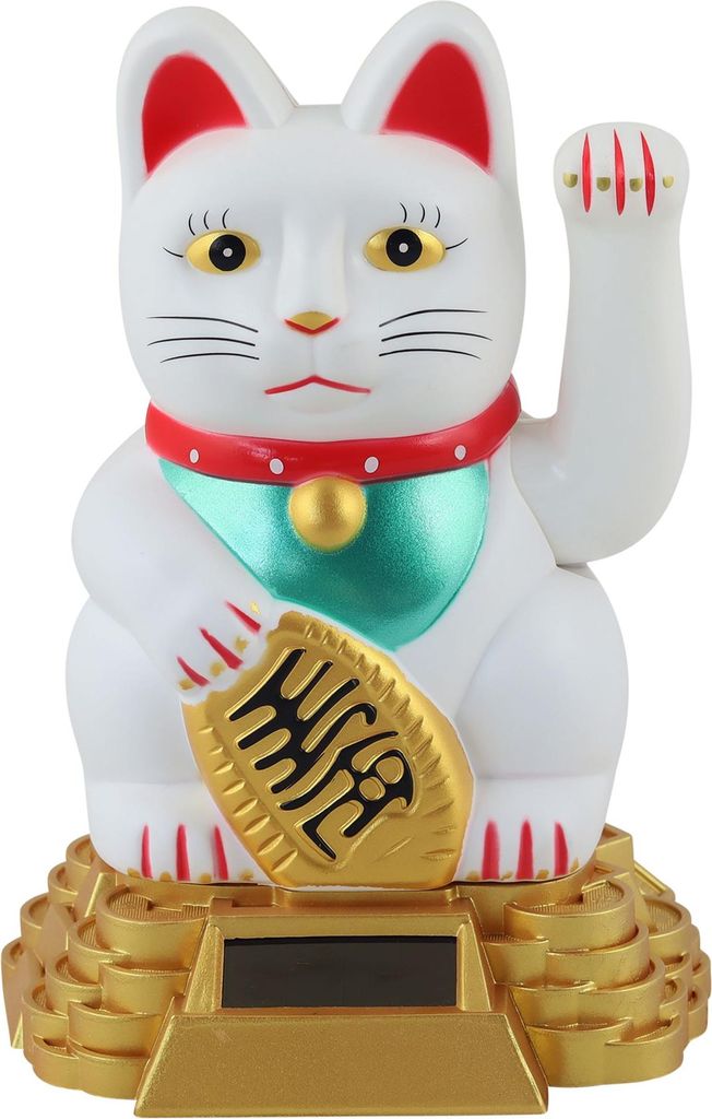 A white solar-powered lucky cat figurine.