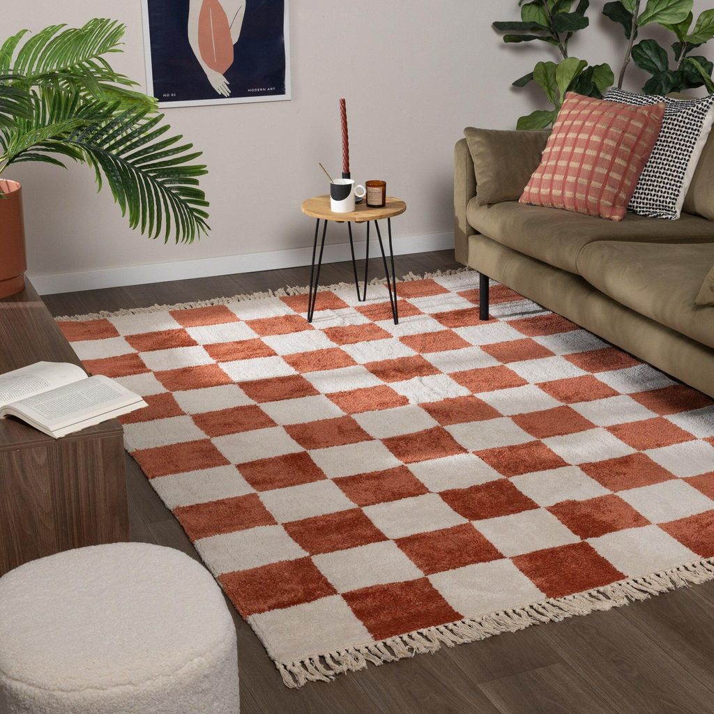 Volero - Teppich Kariert - Blox Fringe Terracotta Weiß - 80x150 cm - Wohnzimmer, Kinderzimmer, Schlafzimmer, Büro - Retro