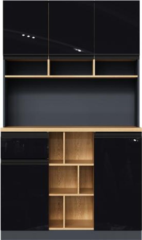 Schwarz Moderner Kuechenschrank 105x45x185cm Buffet Sideboard Grau Metallgriffen Verstellbare Regale Schubladen Offener Stauraum Buffetvitrine