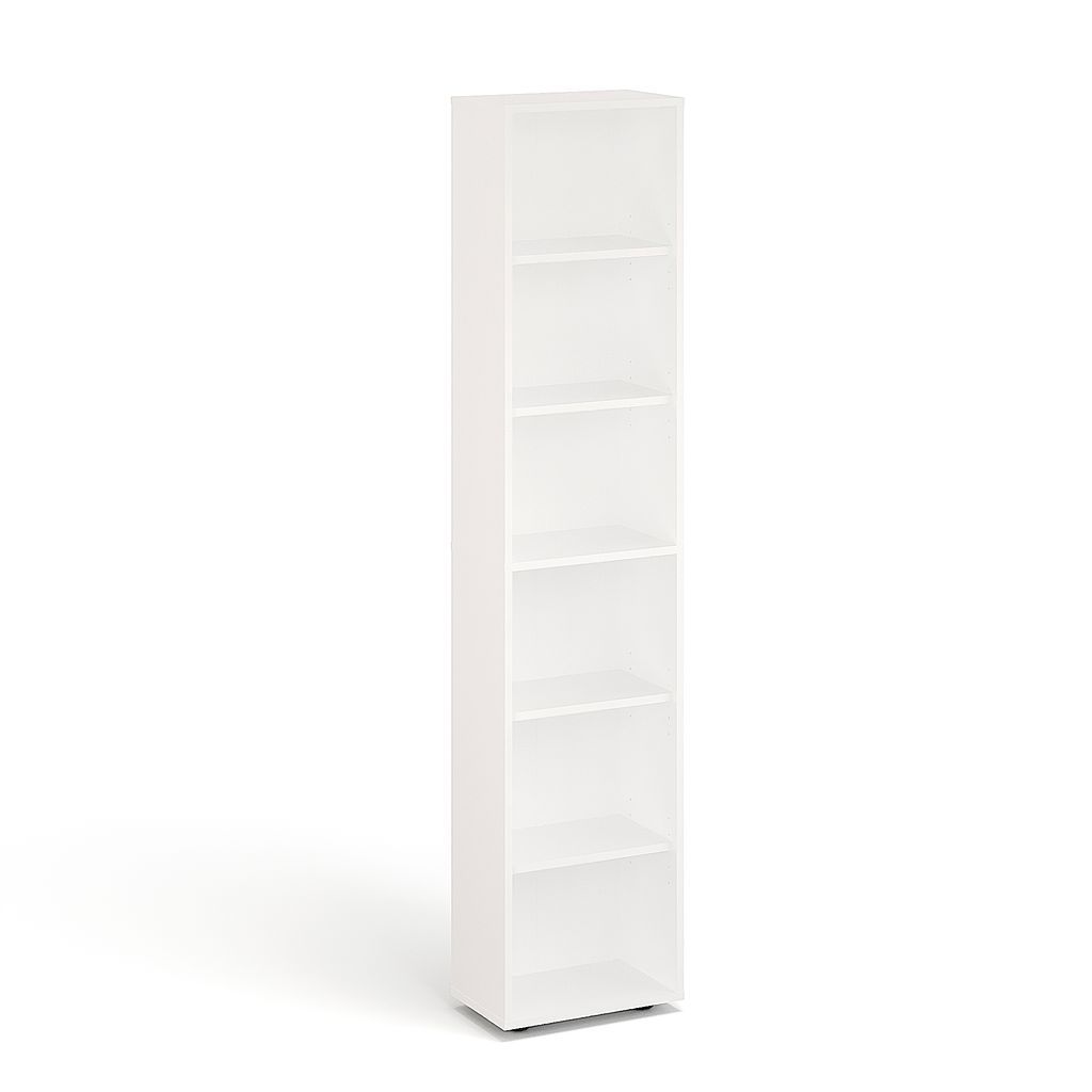 A tall, narrow white bookshelf with six shelves is shown against a white background.