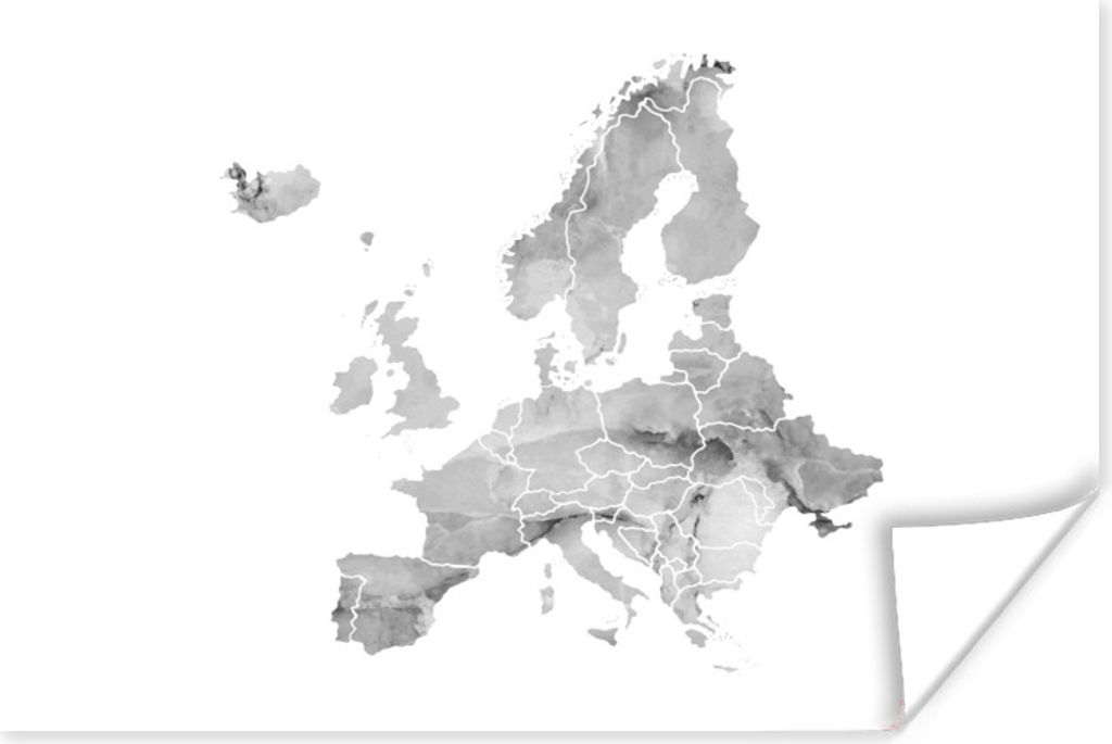MuchoWow Poster Europa-Karte in Aquarell - schwarz und weiß 90x60 cm - Schlafzimmer