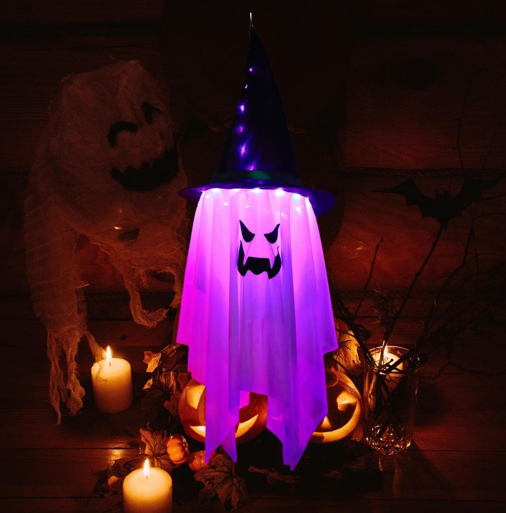 Halloween Deko Geist,105cm Halloween Geist Hängend Hexenhut Geister Deko,Halloween Dekoration Gruselig Windsäcke Aufhängen Geister Mit Led Licht...