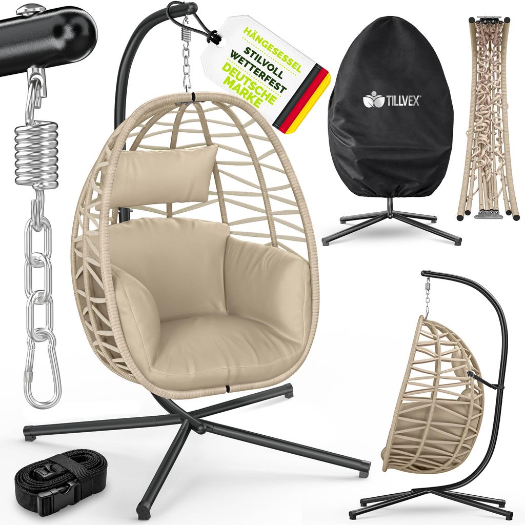 tillvex Hängesessel mit Gestell Outdoor & wetterfester Abdeckung inkl. Befestigung | Hängekorb klappbar bis 150 kg | Hängesitz aus Rattan | H...