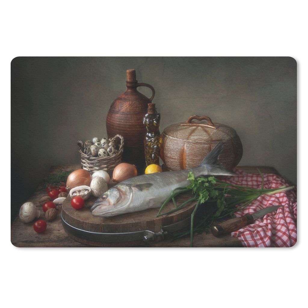MuchoWow Schreibtischunterlage Rustikal - Fisch - Stilleben - Gemüse - Kräuter 60x40 cm - XXL Mauspad - Großes Mauspad