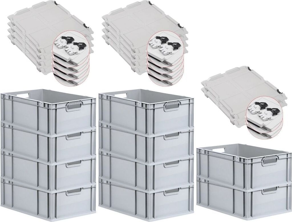 SuperSparSet 10x Eurobox NextGen Economy mit Scharnierdeckel und schwarzen Schiebeschnappverschlüssen | Griffe offen | HxBxT 22x40x60cm | 44 Liter...