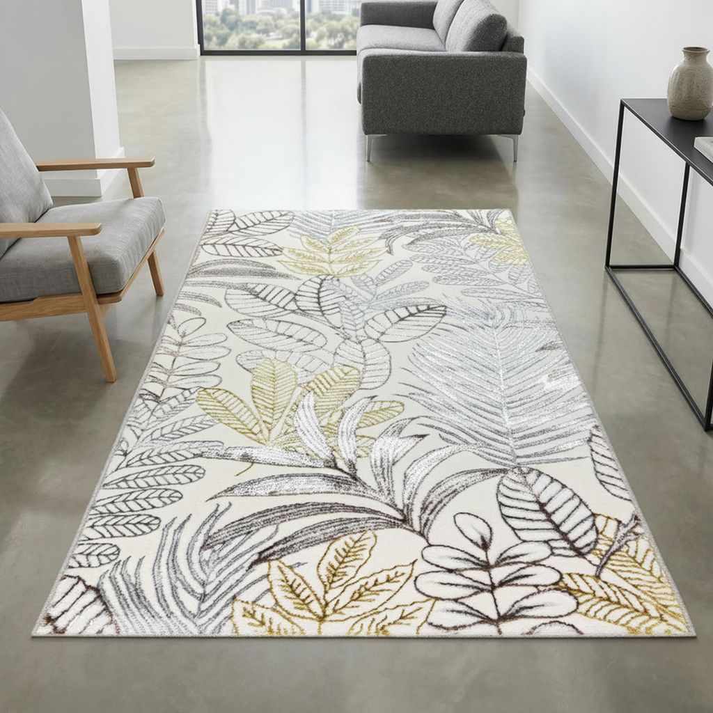 Kurzflorteppich Creme Blätterdesign mit Glanzoptik modern strapazierfähig für Wohnzimmer und Schlafzimmer Größe - 80 x 150 cm