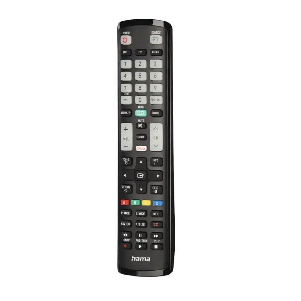A black universal remote control is shown against a white background.
