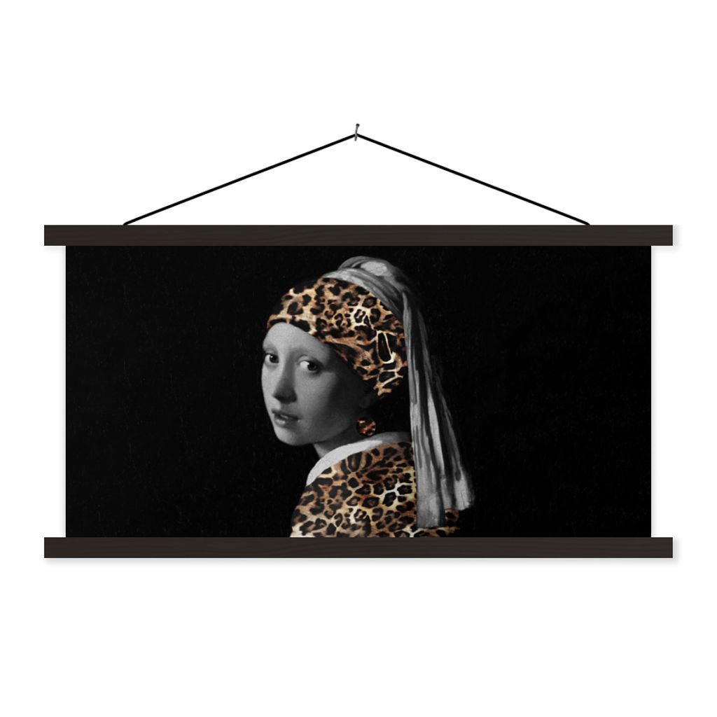 MuchoWow Textilposter Johannes Vermeer - Pantherdruck - Mädchen mit Perlenohrring 90x45 cm mit schwarzem Rahmen - Klemmleisten