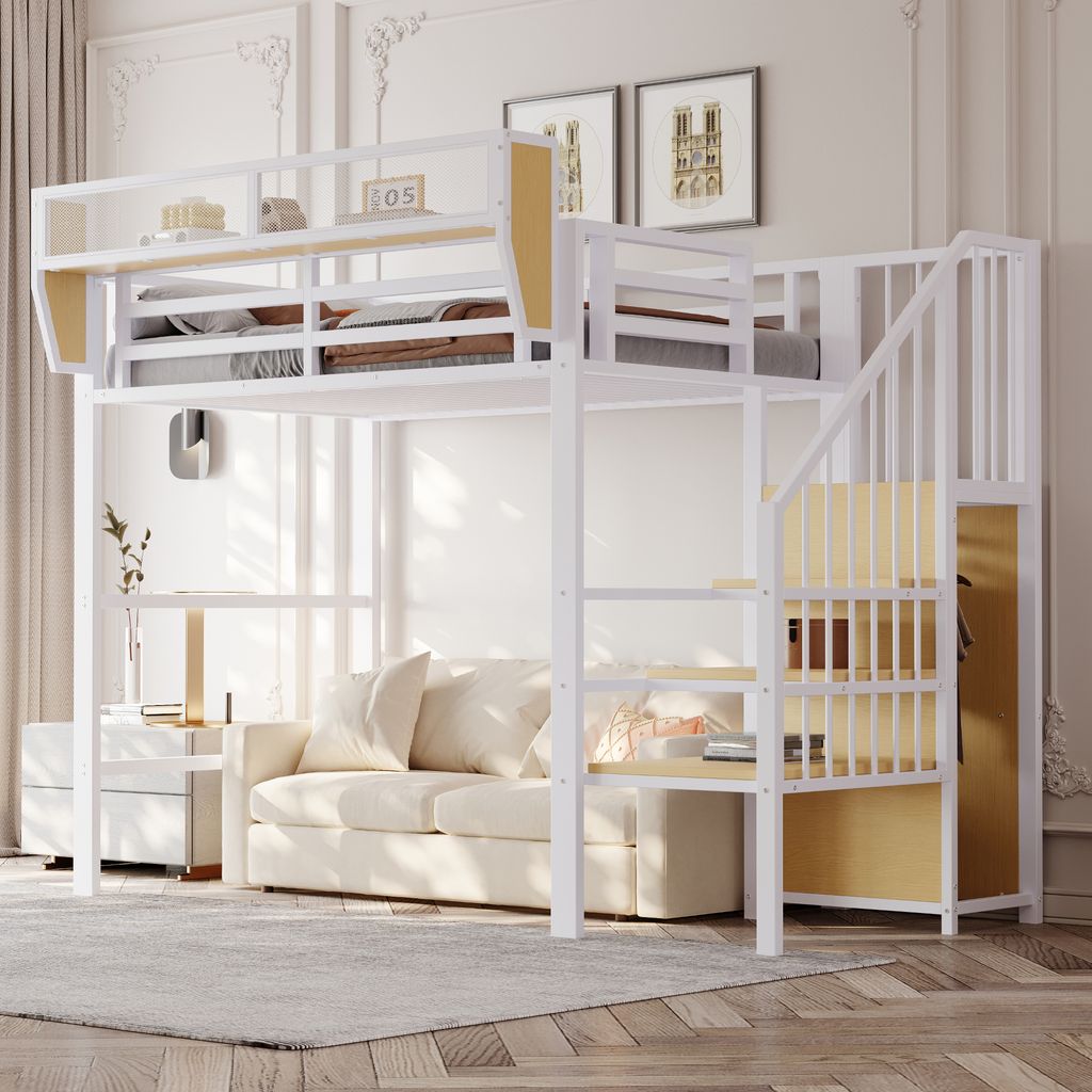 MODFU Kinderbett 900x200,Hochbett mit Sicherheitsleiter,Jugendbett mit Staufach,Metallbett mit Sicherheitszaun,ohne Matratze,Weiß