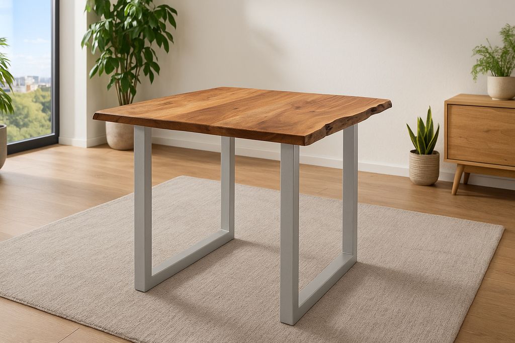 Esstisch Baumkante massiv Akazie nougatfarben 90 x 90 cm silber LAURINA