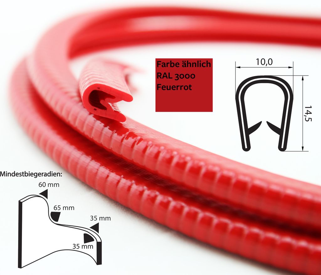 KS1-4RG Kantenschutzprofil Rot glänzend ähnlich RAL 3000 Klemmbereich 1-4 mm Maße 14,5x10 mm