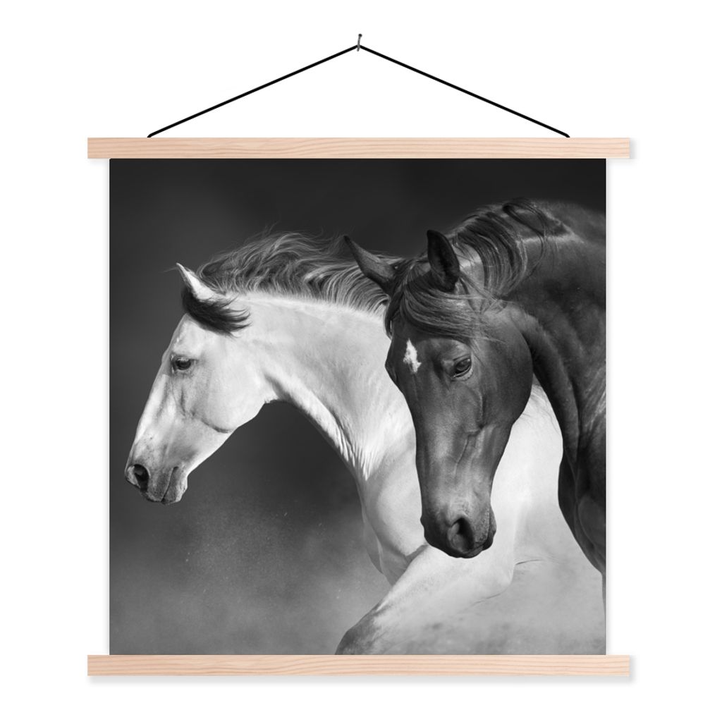 MuchoWow Textilposter Pferde - Tiere - Schwarz - Weiß - Porträt 120x120 cm mit holzfarbenen Rahmen - Textil-Poster