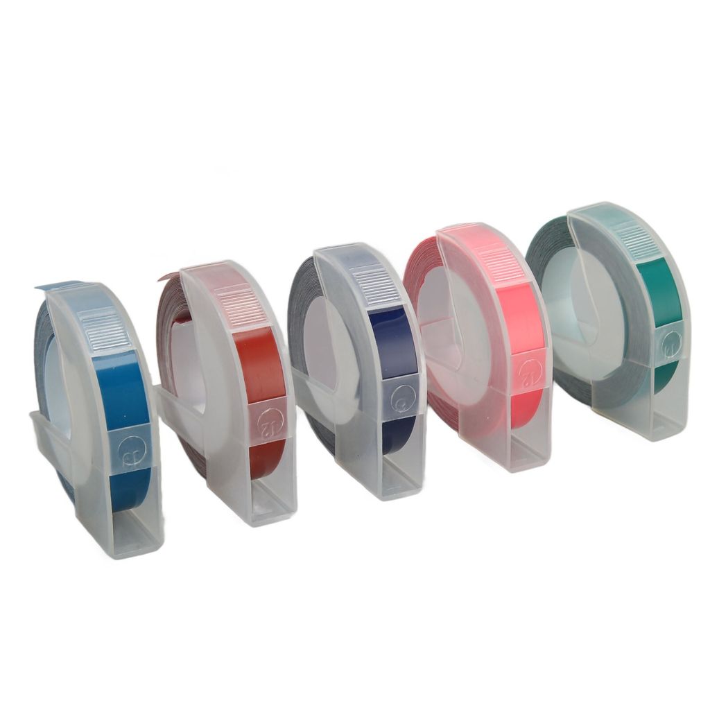 A row of five different colored label tapes in clear plastic dispensers, arranged diagonally against a white background.