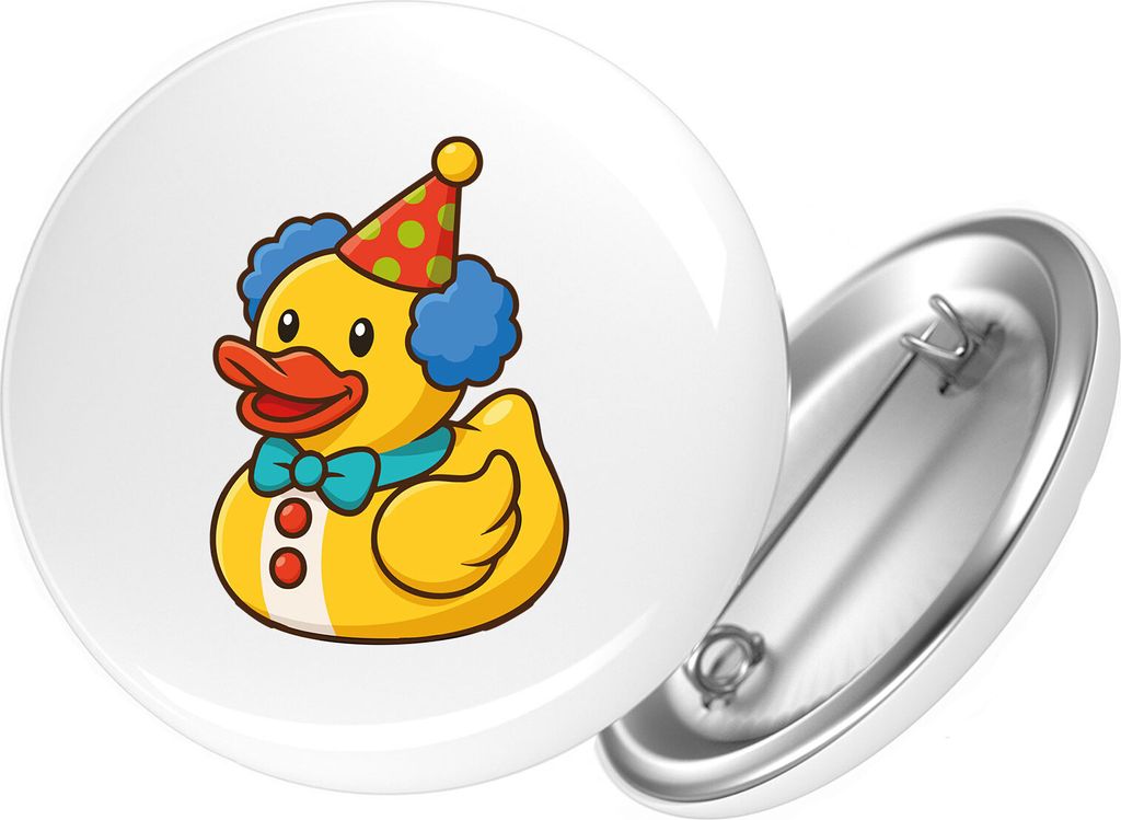 Huuraa Button Quietscheente Clown Gummiente Zirkus 59mm rund mit Sicherheitsnadel Ansteckbutton Geschenkidee