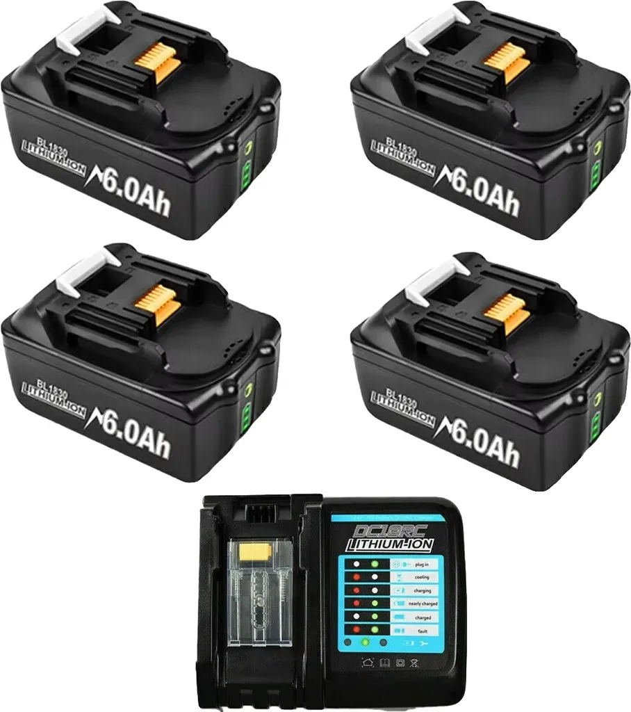 Batteria ricaricabile, capacità 6000mAh, tensione 18V, compatibilità versatile, 4 batterie 1 caricatore
