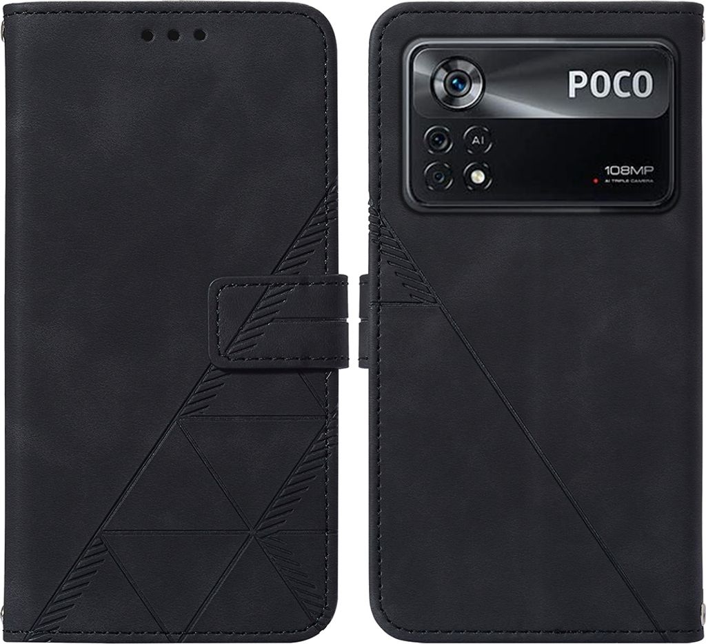 Xiaomi Poco X4 Pro 5G Hülle, Schlank Prägung Flip Leder Kartenfächer Schutzhülle mit Ständer für Xiaomi Poco X4 Pro 5G Schwarz