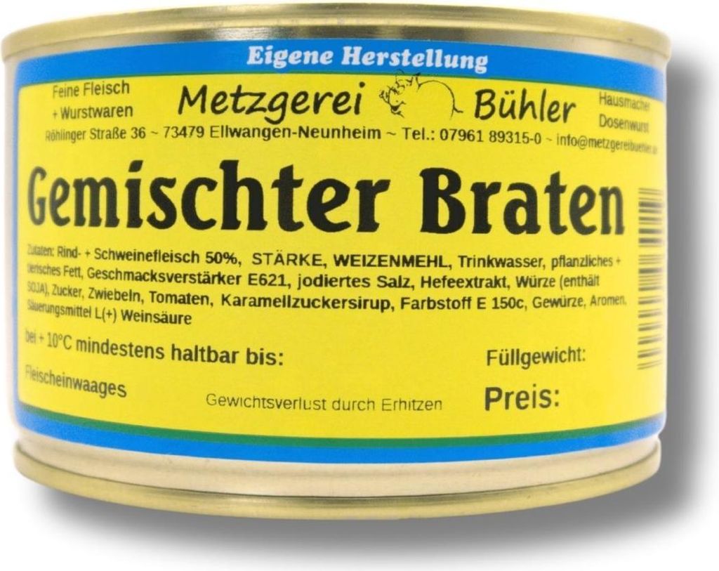 Gemischter Braten Fertiggericht Gourmet aus Rind und Schweinefleisch 800g in der Dose Premium Fleischgericht