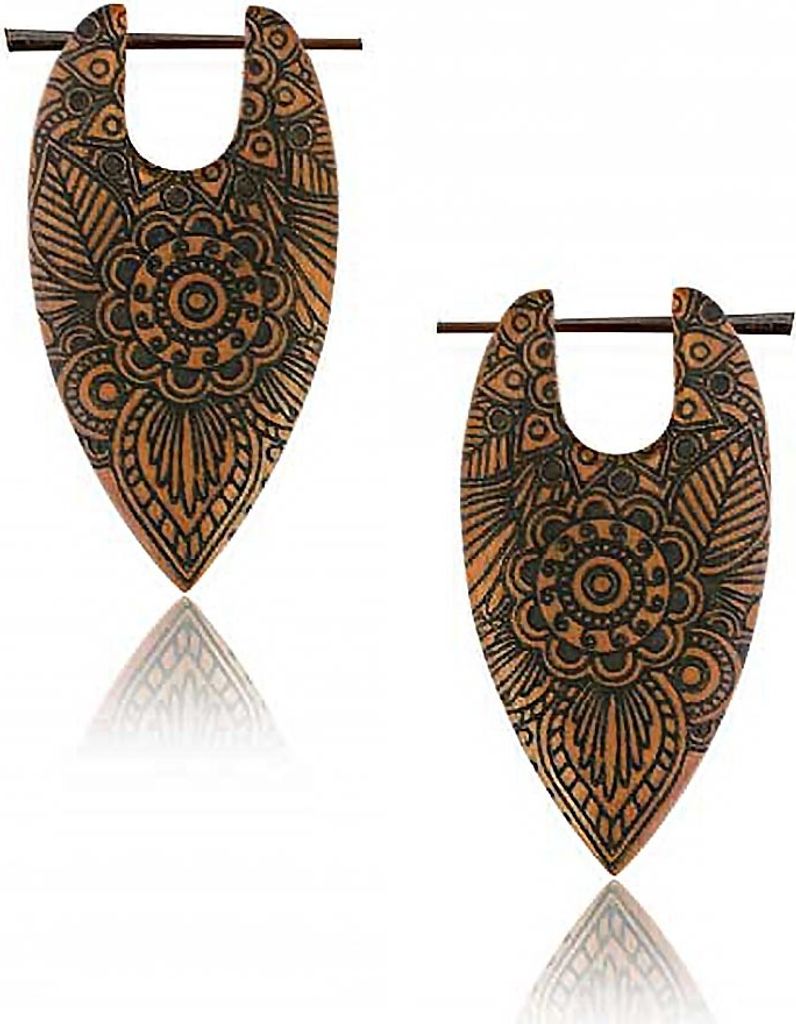 viva-adorno Holz Ohrringe geschnitzt Creolen Blüten Blumen Tribal Gravur Ohr Piercing Pin Ohrringe graviert CE20, Pfeilspitze
