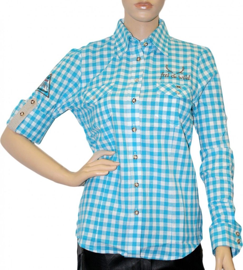 Trachtenbluse Trachtenlederhosen-bluse türkis kariert, Größe:40