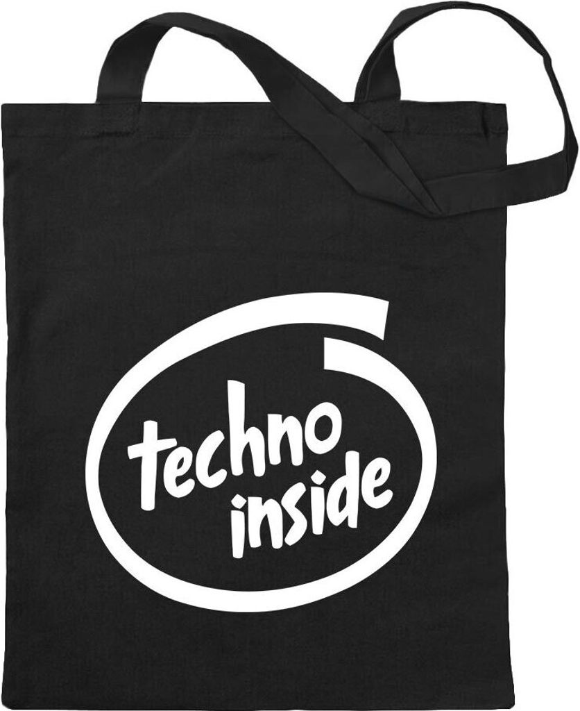 Kiwistar - Baumwolltasche - schwarz - Techno inside - Tragetasche Stoffbeutel Umhängetasche langer Henkel