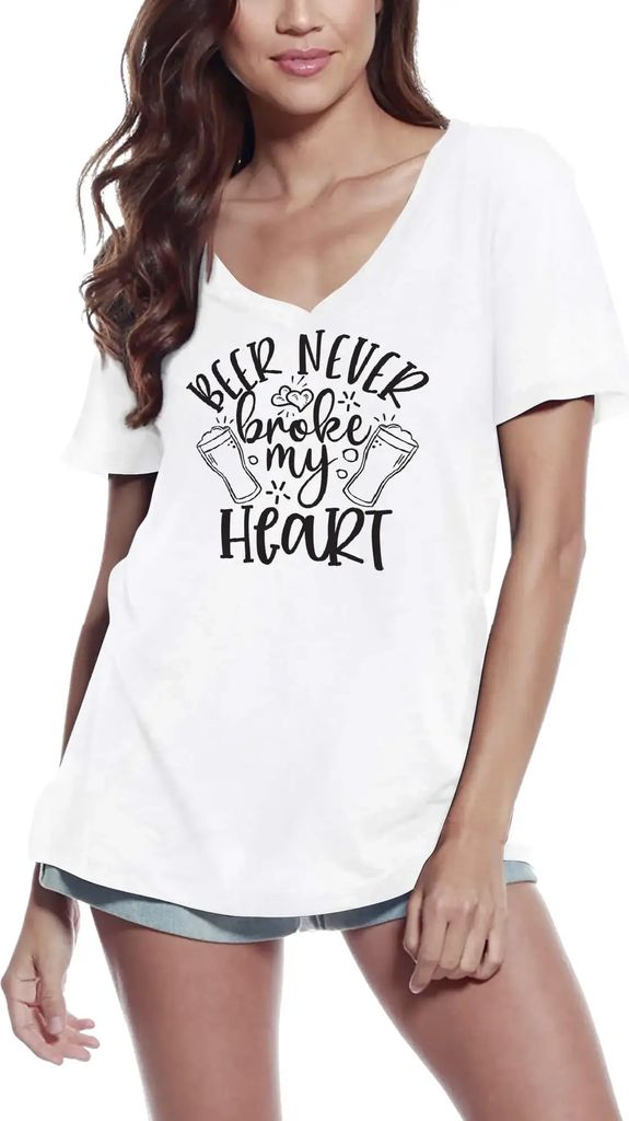 Damen Grafik T-Shirt V-Ausschnitt Bier hat mein Herz nie gebrochen – Beer Never Broke My Heart – Öko-Verantwortlich Vintage Jahrgang Kurzarm L...