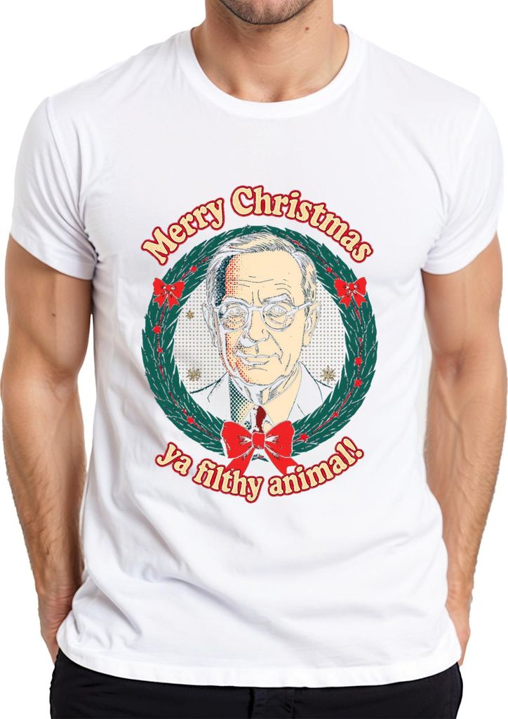 Merry Christmas ya filthy animal! Weihnachtskranz Retro Filmzitat Herren T-Shirt, Weiß, S