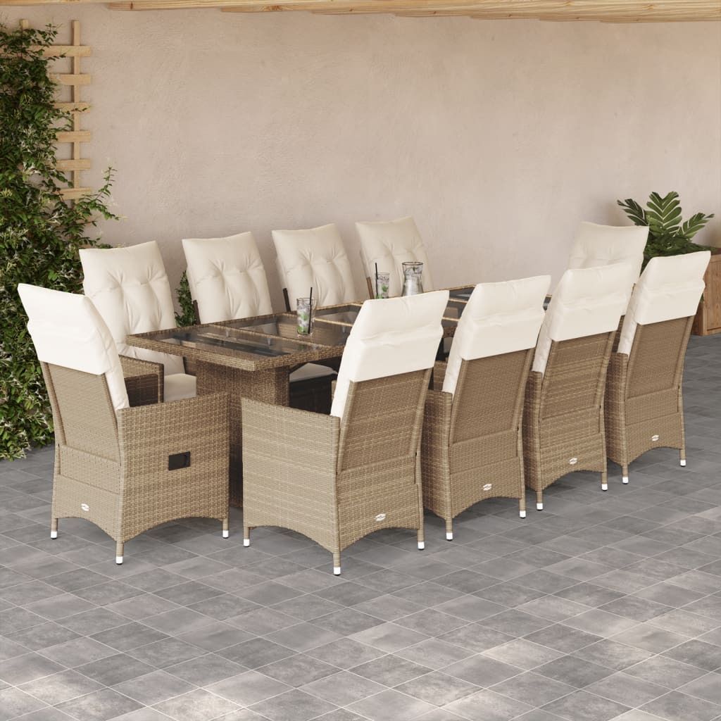 11-tlg. Garten-Bistro-Set mit Kissen Beige Poly Rattan, Gartenmöbel-Sets 2024 Neu
