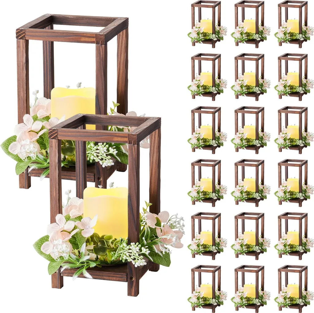 Lot de 20 centres de table lanterne bois avec couronne fleurs et bougie LED
