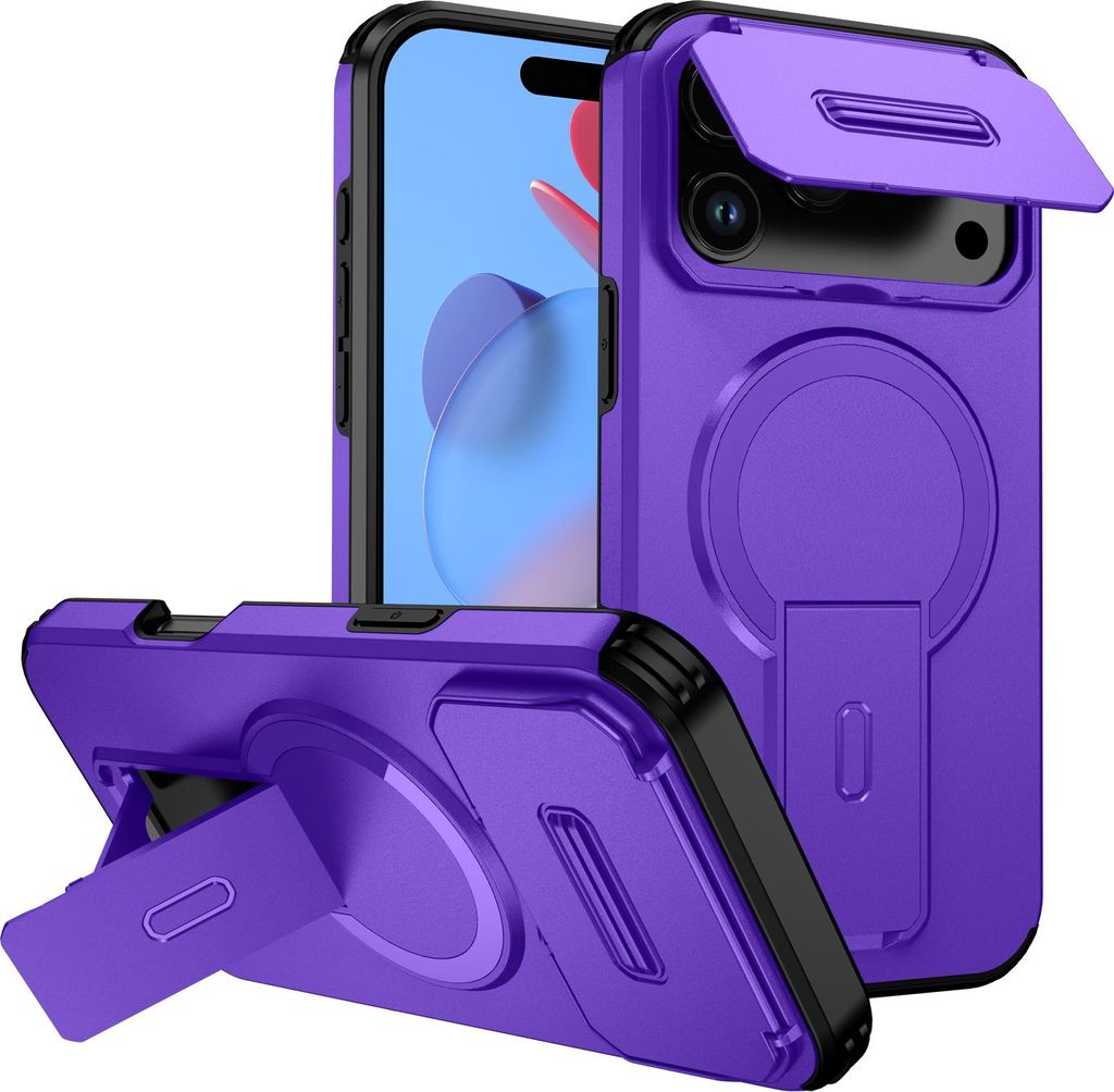 Magnetisch Hülle für iPhone 17 Pro Max, Dual Layer Stoßfest Handyhülle mit Dia Kameraschutz, Verstellbarem Ständer Lila