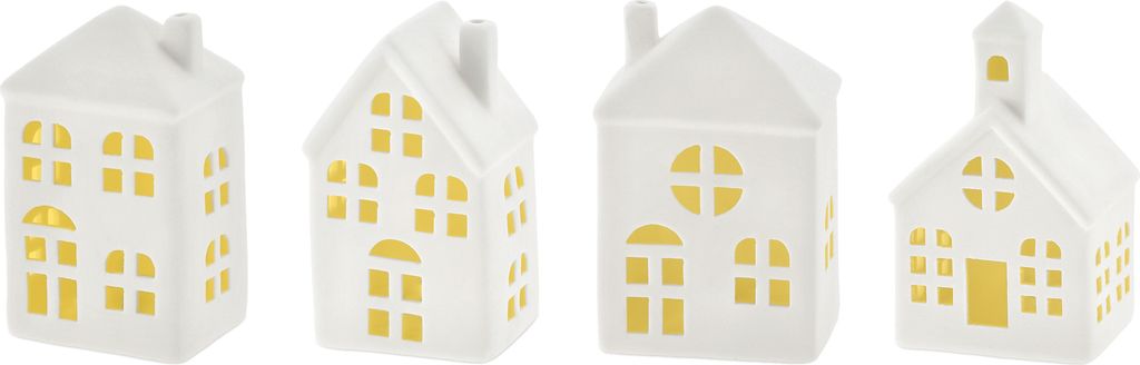 LED Keramik Haus weiß 11 cm - 4er Set - Deko Weihnachtsdorf Produktbild 