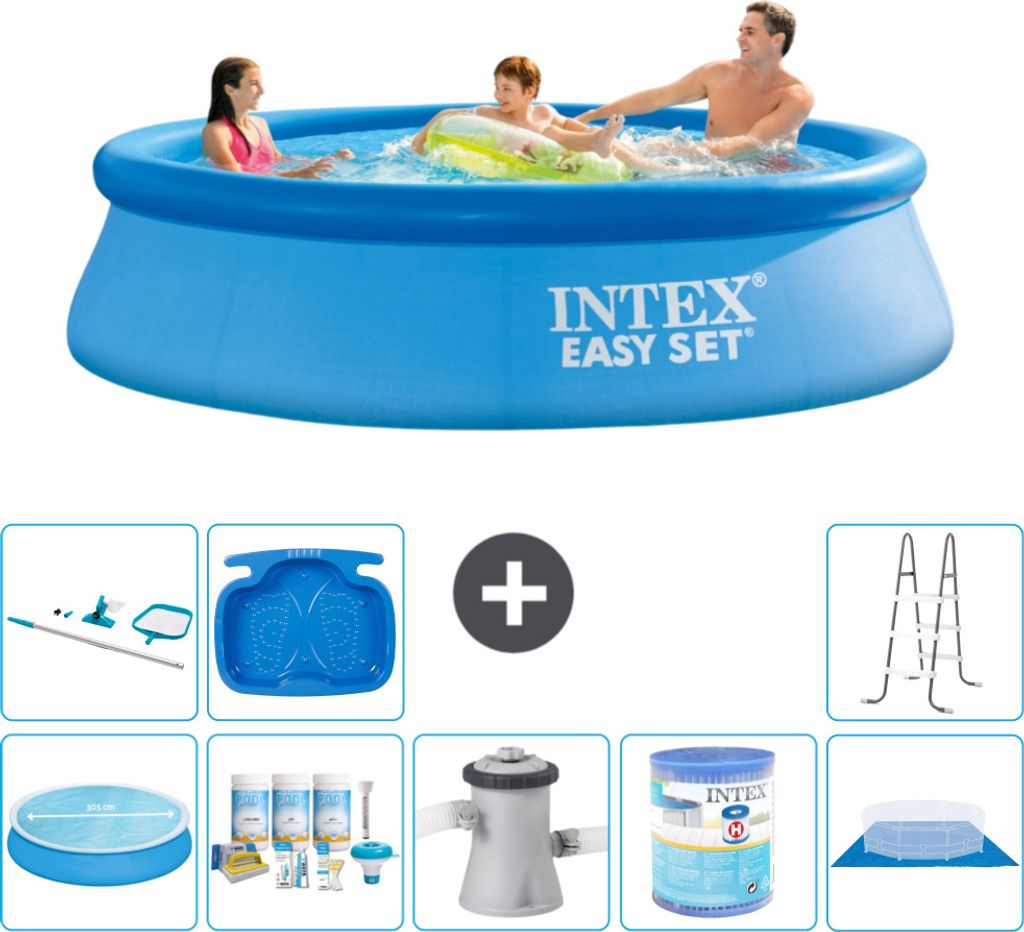 Intex runder aufblasbarer Easy Set-Pool – 305 x 76 cm – Blau – im Lieferumfang enthalten Sonnensegel - Wartungspaket - Filterpumpe für Schwi...