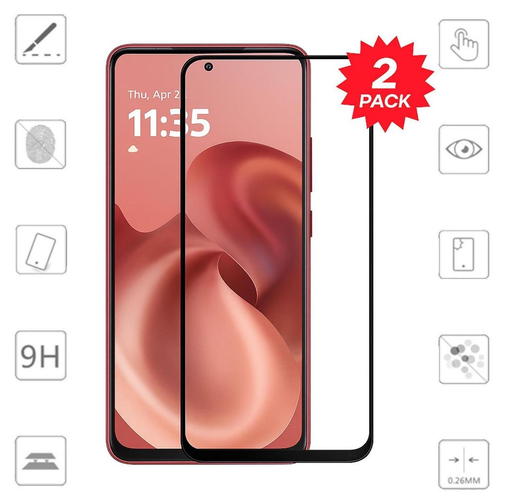 A product image showing a screen protector for a Motorola phone, with various feature icons and a '2 PACK' badge.
