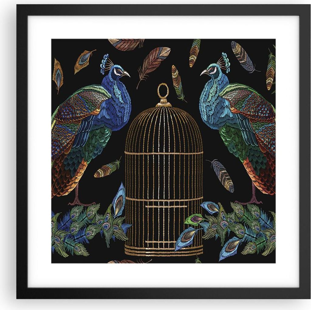 Gerahmtes Poster - Schwarzer Rahmen - Pfauen Gold Käfig - 40x40 cm - Wand Bild - Wanddeko - Wandbilder - Kunstposter - Wandposter - Bilderrahmen -...