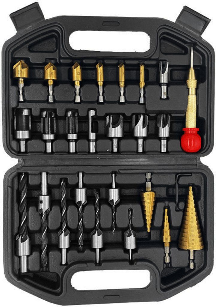 26-teiliges Bohrer-Kombi-Set, Pagodenbohrer, Koerner-Positionierer, Dreipunkt-Senkbohrer, 5-Kanten-Anfasbohrer, Holzstopfen-Bohrer-Set, nuetzliches...