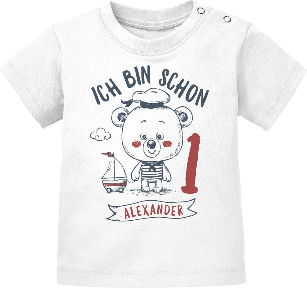personalisiertes Baby T-Shirt mit Namen Ich bin schon 1 Bär Kapitän Captain Segelboot Geburtstagsshirt Jungen SpecialMe 1 Jahr weiß 56/62 (1-3...