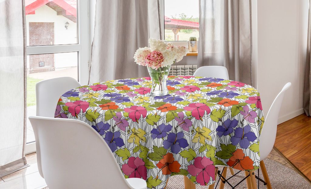ABAKUHAUS Frühling Runde Tischdecke, Bunte Hibiscus Flora Gitter, Kreis Tischdecke Abdeckung für Esszimmer Küche Dekoration, 150 cm, Mehrfarbig
