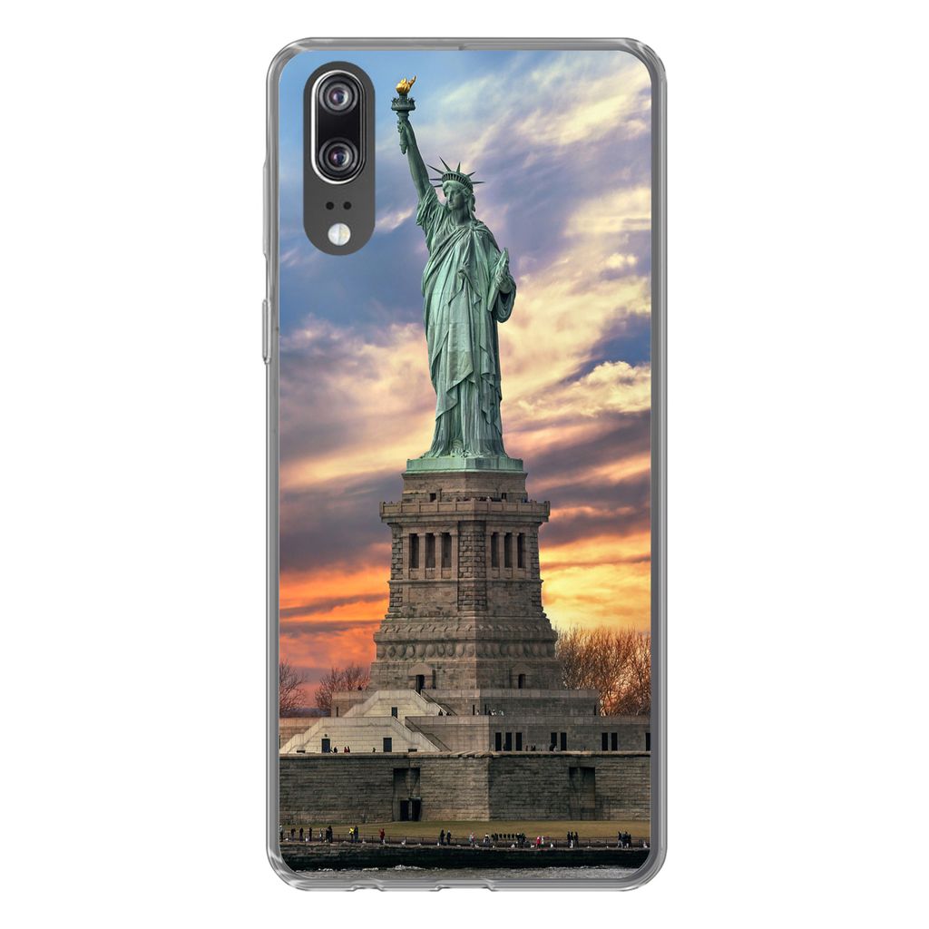 MuchoWow Handyhülle Schutzhülle Hülle für Huawei P20 Freiheitsstatue in New York bei Sonnenuntergang Silikon Softcase Handy Hülle - Hardcover