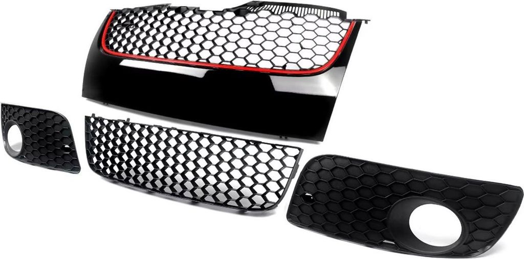 Mesh Kühlergrill Set für VW Jetta GTI/GLI MK5 (2006–2009) – Oberer und unterer Frontgrill – Sportliche Wabenoptik mit roter Akzentleiste ...