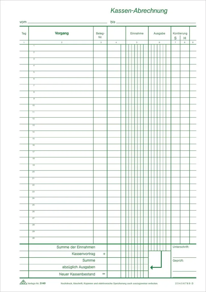 RNK Verlag 3149 Libro cassa senza IVA, 2x50 fogli, DIN A4, carta autocopiante, numerato