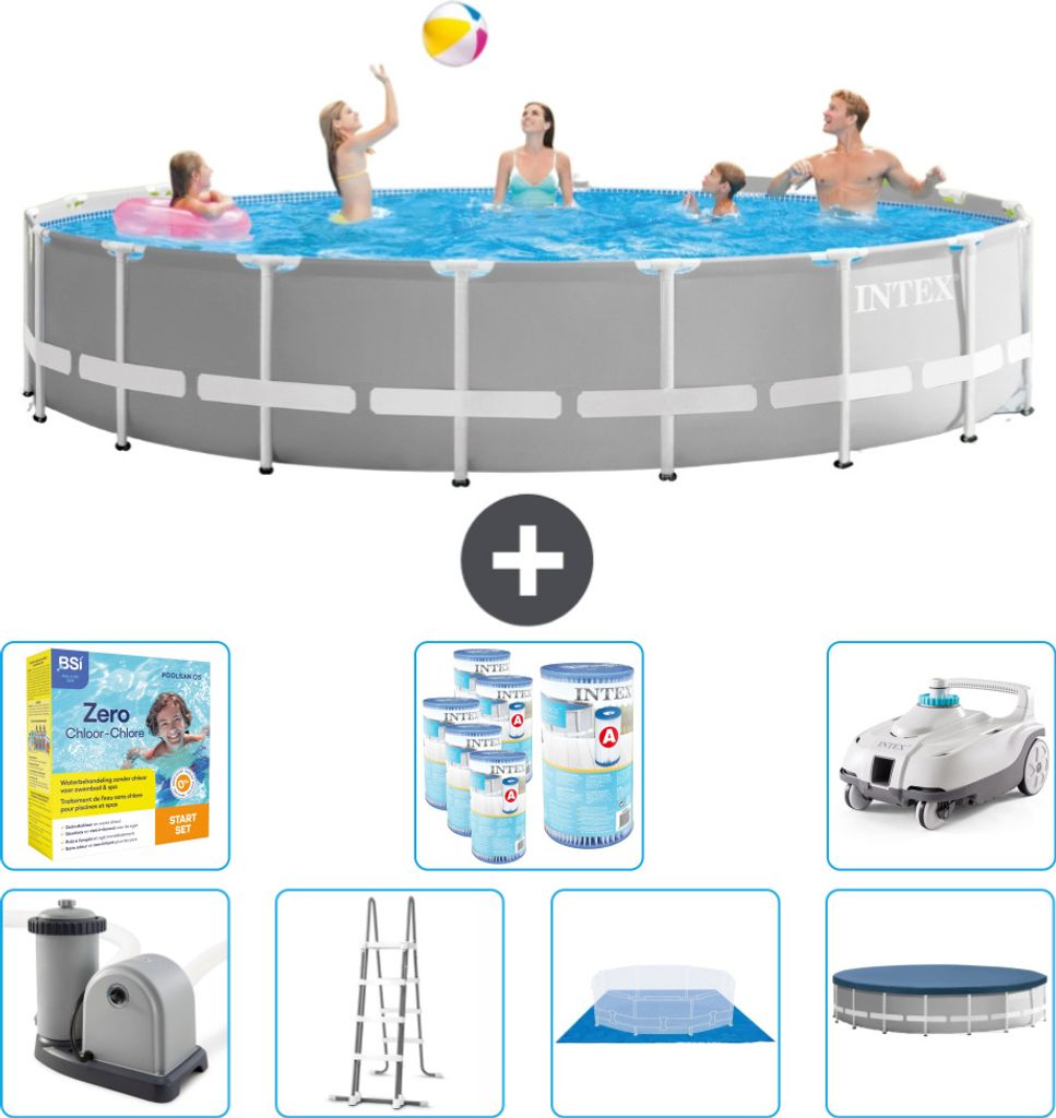 Intex Round Prism Frame Swimming Pool – 548 x 122 cm – Grau – inklusive Pumpe – Leiter – Bodenplane – Abdeckung Wartungspaket - Filter ...