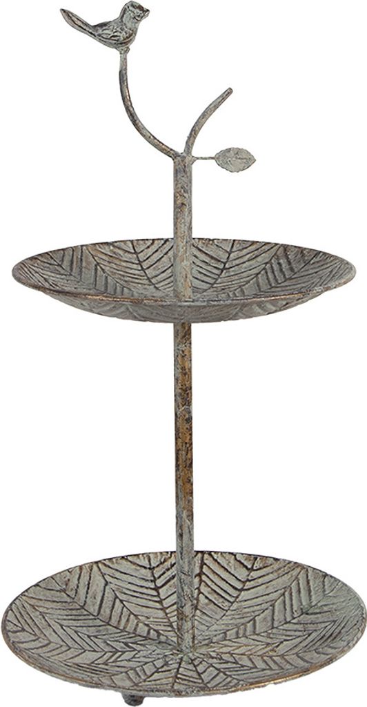 Clayre & Eef 2-Schicht-Etagere Ø 26x48 cm Grün Braun Metall Vogel