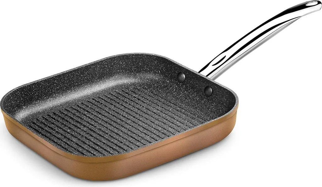Gril Carré Aluminium Forgé 28 cm - Revêtement Antiadhésif Bandes Cuivre