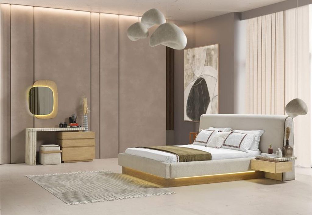 Modernes Schlafzimmer Komplettes Set Bett Nachttische Schminktisch mit Spiegel