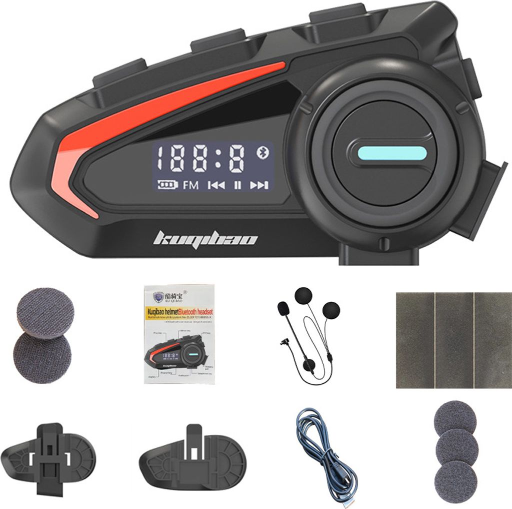 A collage of a motorcycle Bluetooth headset and its accessories, laid out on a white background.