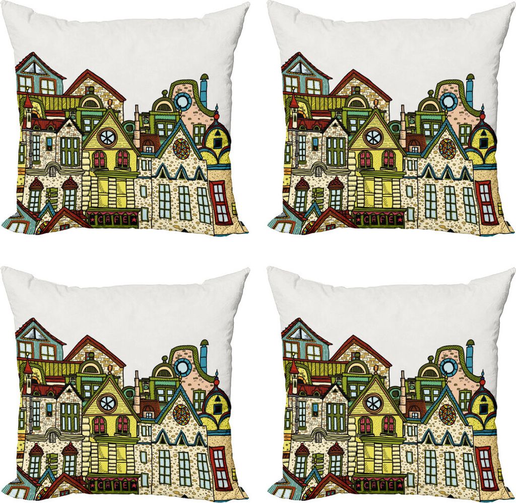 ABAKUHAUS Stadtansicht Kissenbezug Set (4 Stück), Blick auf die Altstadt Kunst, Moderner Doppelseitiger Digitaldruck, 60 cm x 60 cm, grün Beige