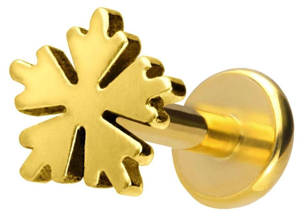 Ohrpiercing, Nasenpiercing Titan Labret mit Push Fit SCHNEEFLOCKE Gold Stablänge: 7mm | Stabstärke: 1,2mm