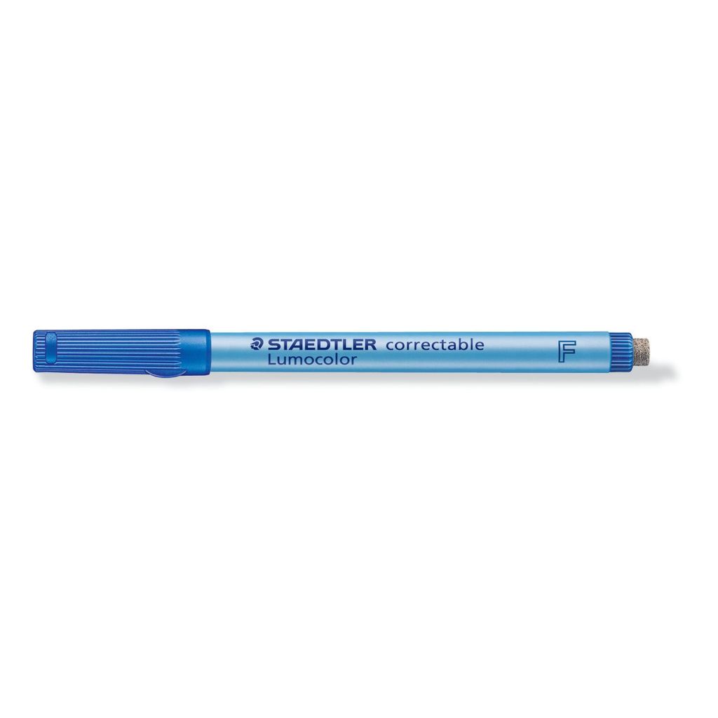 A blue Staedtler Lumocolor correctable marker is shown on a white background.