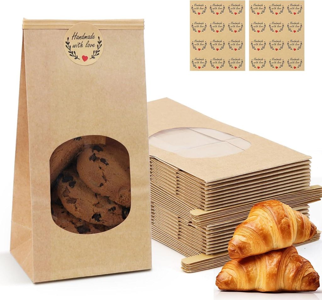 Papierbeutel mit Fenster - 24 Stück - Kraftpapierbeutel - Braun - Geschenktüte - Teeblätter - Nüsse - Verpackung für Lebensmittel - 9x5,5x18 c...