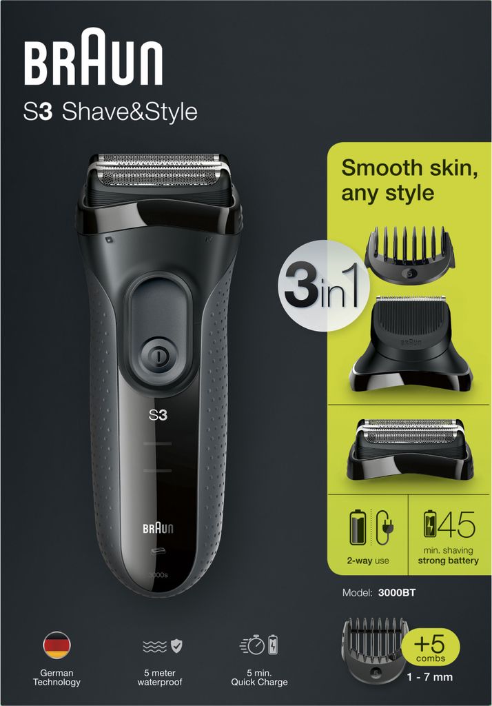 Braun Series 3 Shave&Style 3000BT, rasoio elettrico per Immagine del prodotto 